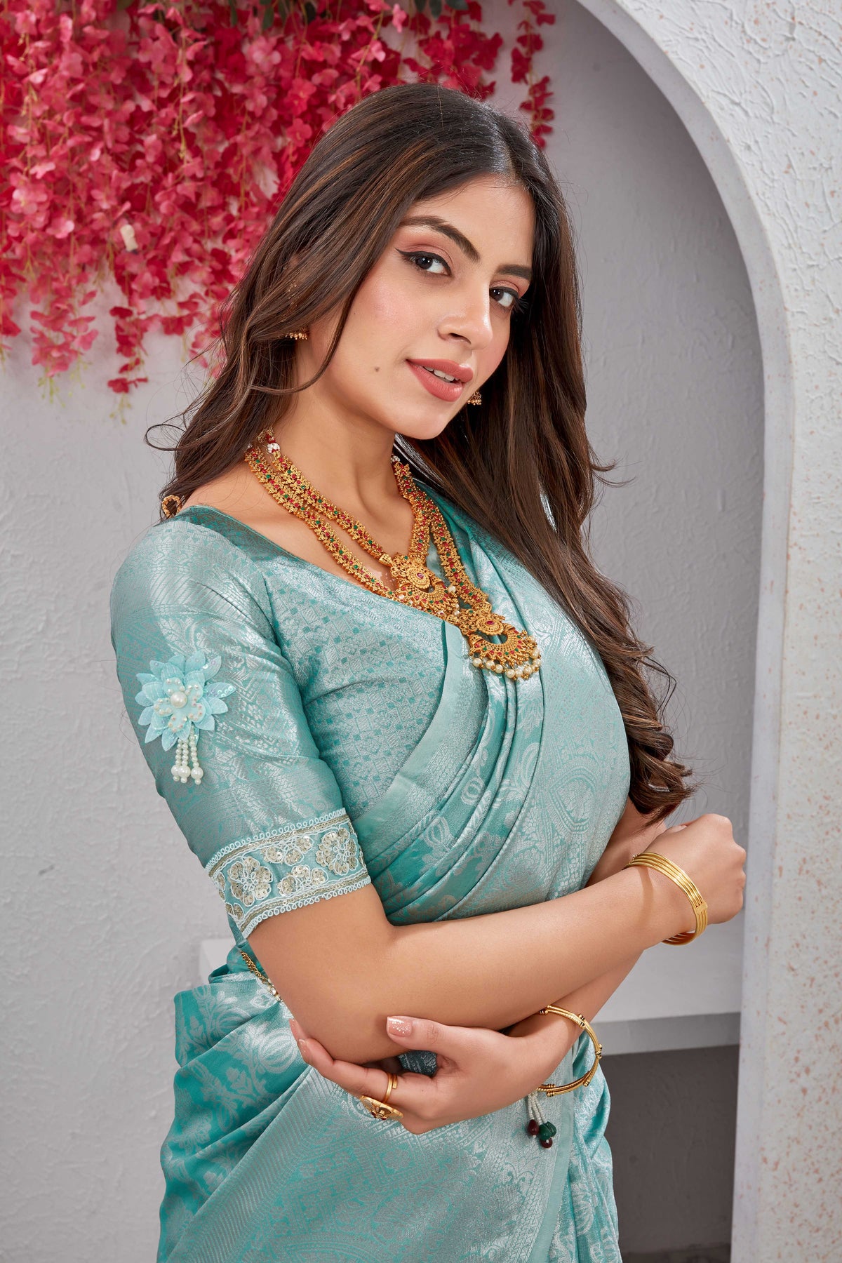 Dharmavaram Silver Zari Saree With Lace border and Butta Work Blouse