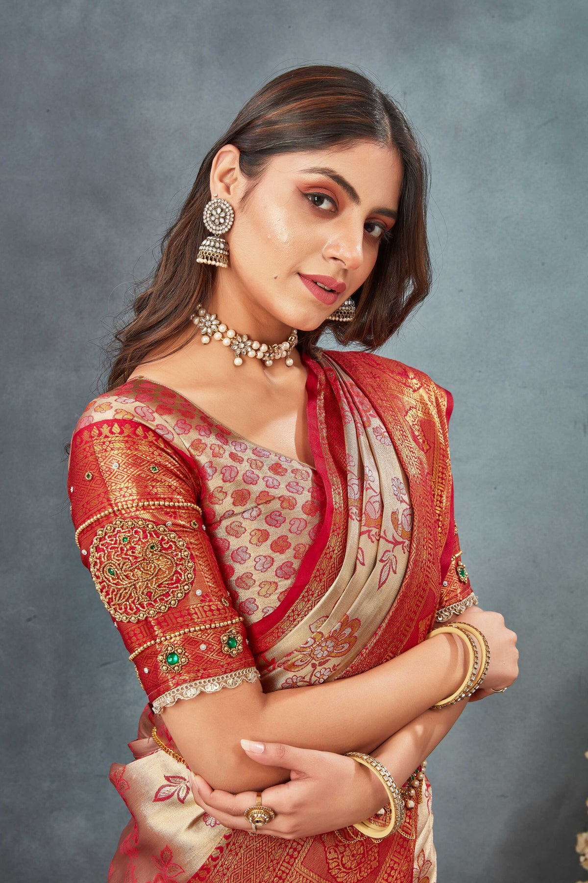 Dharmavaram Silk Saree With Hand Made Ari Work and Sequence Lace Border Blouse