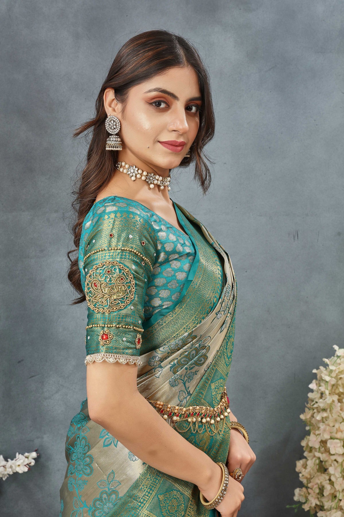 Dharmavaram Silk Saree With Hand Made Ari Work and Sequence Lace Border Blouse