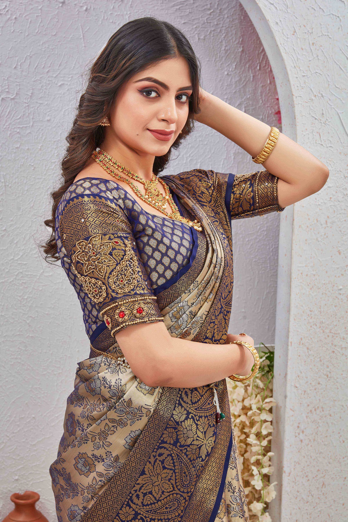 Dharmavaram Silk Saree With Hand Made Ari Work and Sequence Lace Border Blouse