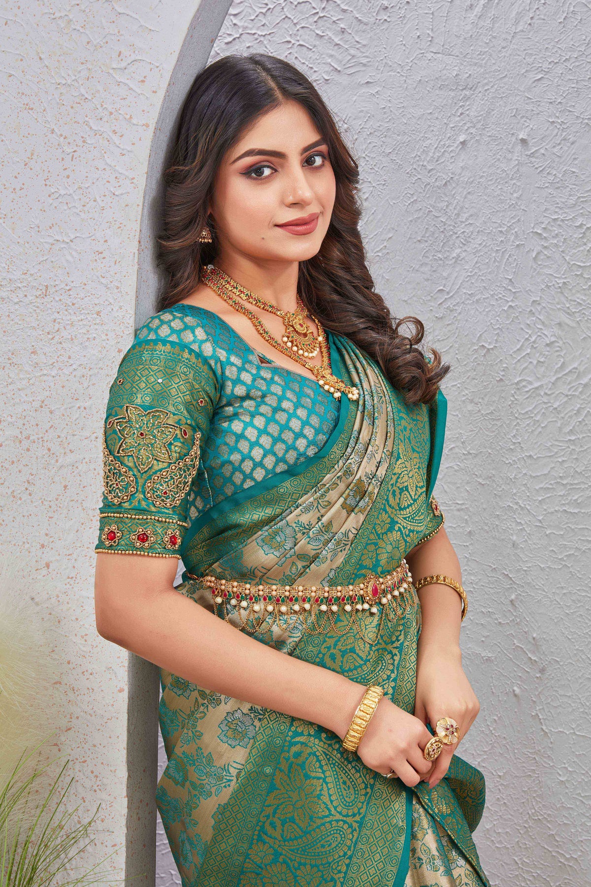 Dharmavaram Silk Saree With Hand Made Ari Work and Sequence Lace Border Blouse