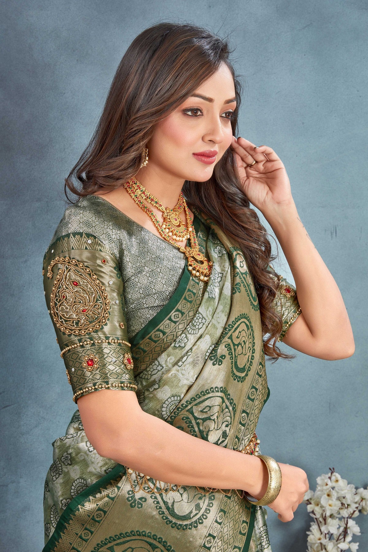 Tissue Silk Kanjivaram  Saree With Hand Made Ari Work Blouse Design