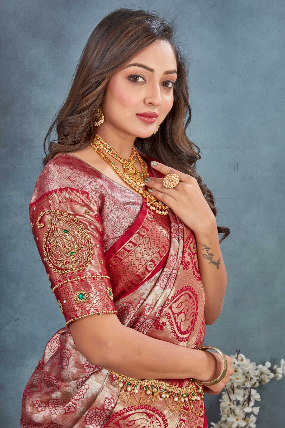 Tissue Silk Kanjivaram  Saree With Hand Made Ari Work Blouse Design